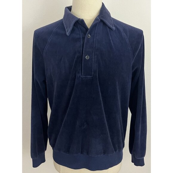 Vintage Sears Sportswear Men's L Blue Velour Pullover Top Collar Button - Picture 1 of 6
